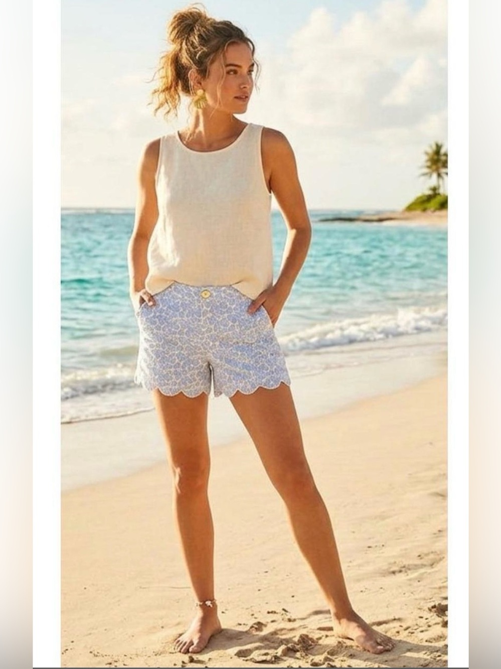 Lilly Pulitzer Buttercup Crew Blue Floral Eyelet Scallop Shorts Size 2